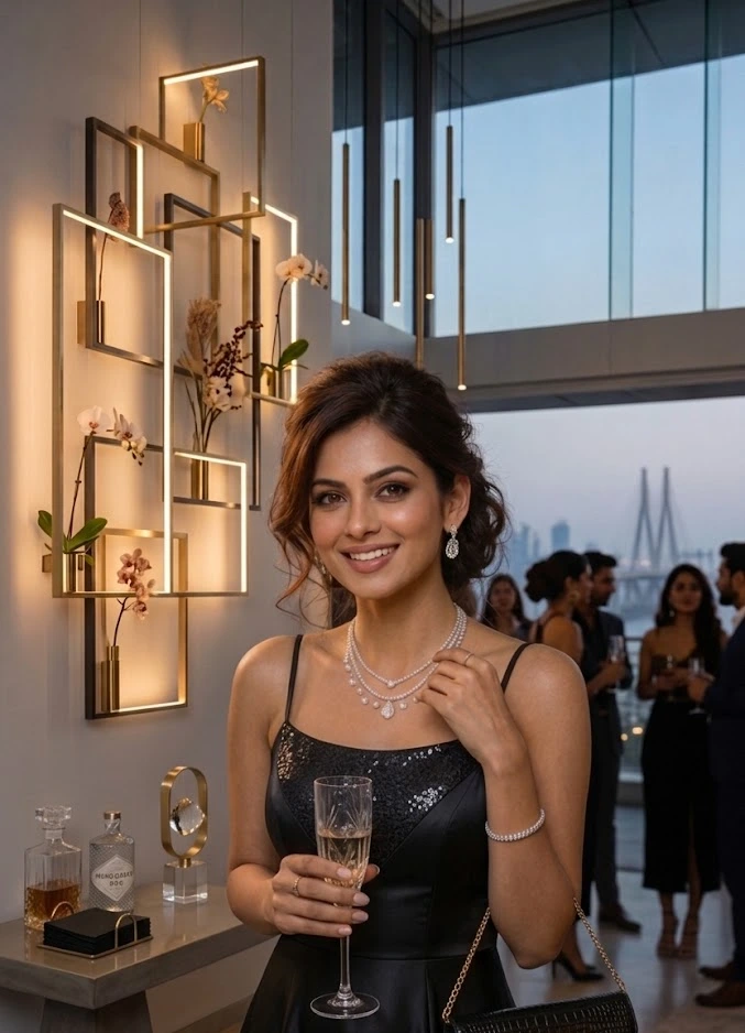 Step into the spotlight with Be You Jewels — India's premier destination for luxury diamond and pearl jewellery for women online. This glamorous Mumbai skyline soirée look features our breathtaking layered diamond and pearl necklace set, delicate diamond drop earrings, a stunning diamond tennis bracelet, and a sparkling diamond stacking ring — the complete luxury jewellery set that transforms every evening into an unforgettable moment. The exquisite multi-layer pearl and diamond necklace effortlessly elevates a classic black dress, making it the most sought-after choice for cocktail party jewellery, festive jewellery for women, New Year party jewellery, Diwali jewellery gifts, anniversary jewellery sets, and luxury bridesmaid jewellery across India. At Be You Jewels, our handcrafted women's fine diamond jewellery collection — including diamond pendant necklaces, pearl layered necklaces, diamond bracelets, diamond earrings, and diamond rings online in India — is designed for the bold, stylish, modern Indian woman who lives life beautifully and celebrates every moment in sparkling style. Whether you're shopping for the best diamond jewellery brand in Mumbai, fine jewellery gifts for her, luxury jewellery sets for parties, or the most stunning diamond jewellery online in India, Be You Jewels is where elegance meets individuality — because every woman deserves to shine as brightly as the city lights behind her.